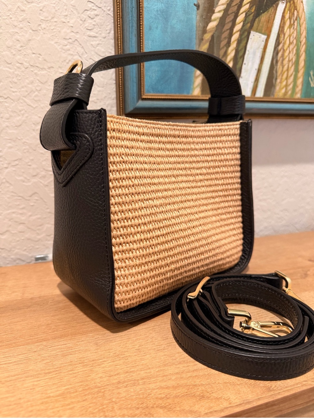 Unique Square Straw/Raffia and Black Leather Crossbody Bag Made in Italy